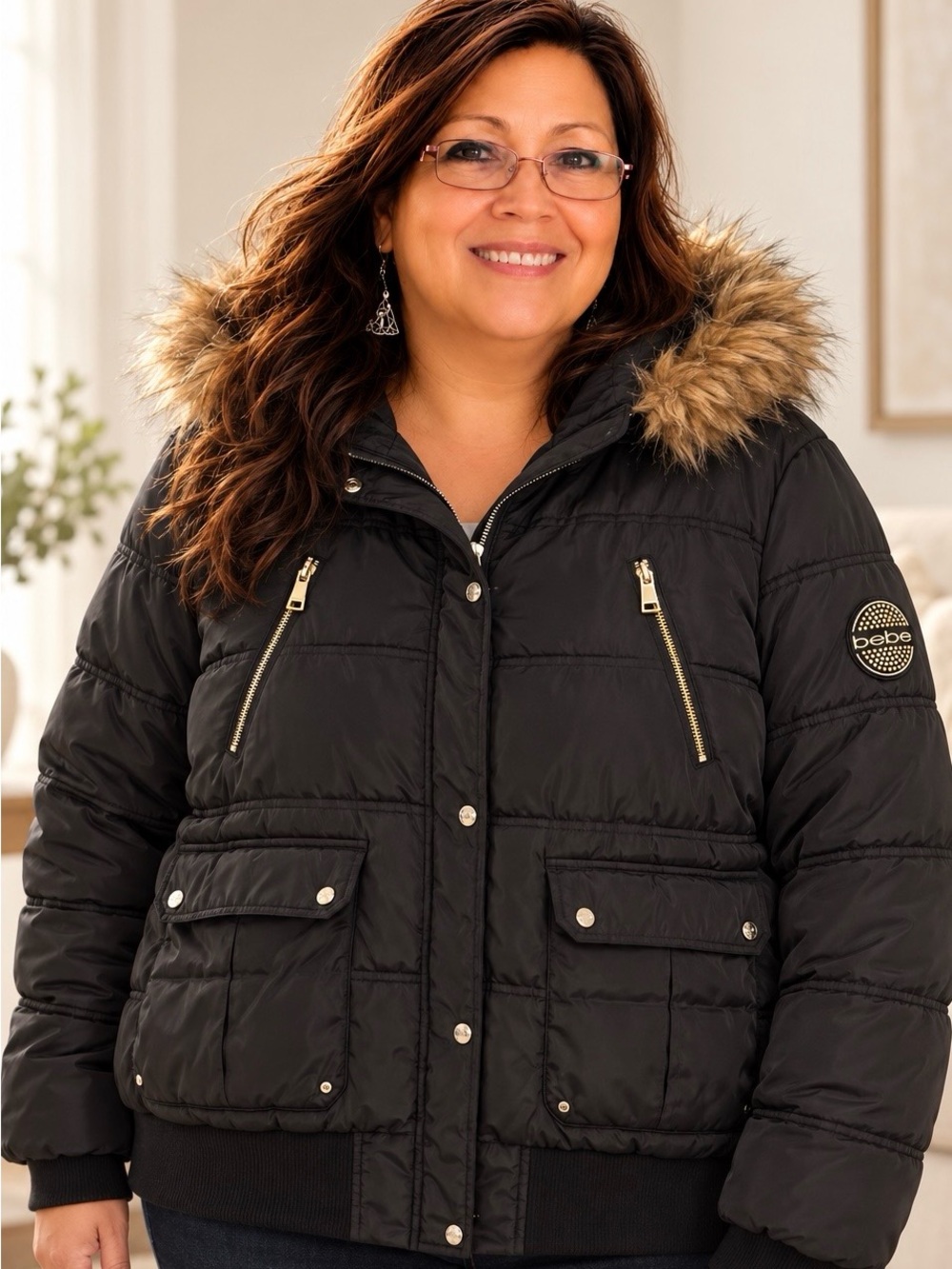 bebe Black Puffer Jacket Faux Fur Hood Gold Details Plus Size 3X